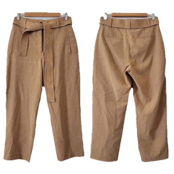 Aritzia Wilfred Women’s Size 8 Jalade Tan Checker Cropped Belted Pants Career T5 - Picture 1 of 8